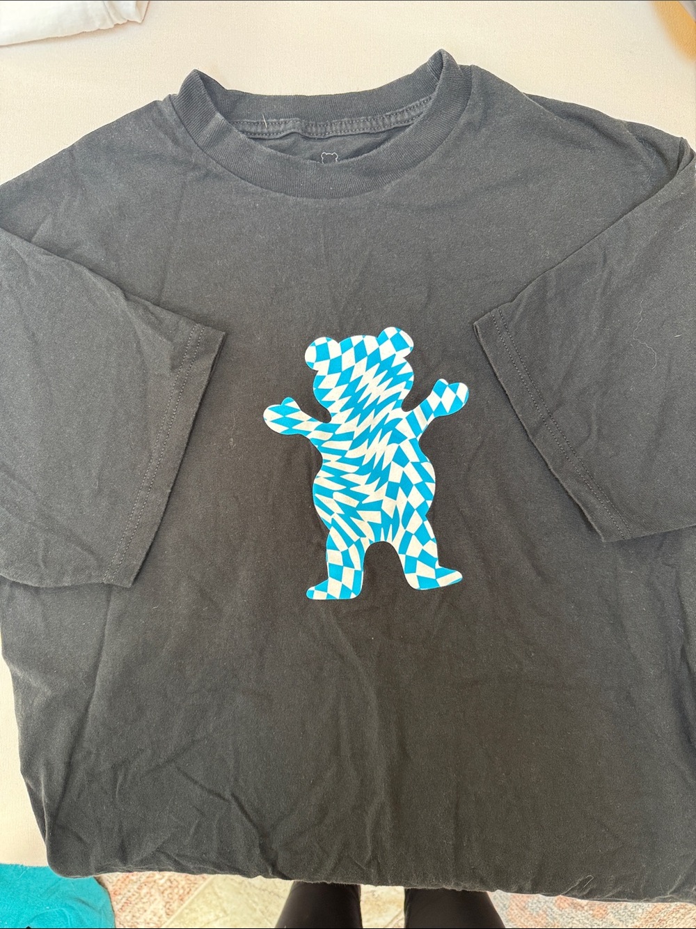 Kids Black Tee with Blue Patterned Bear Graphic